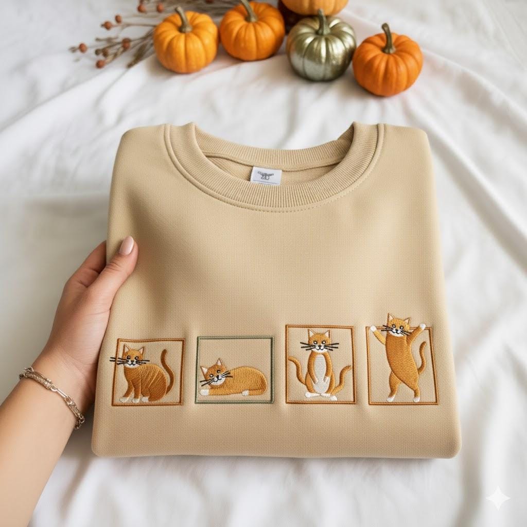 Embroidered Orange Cat Crewneck Sweatshirt, Funny Cat Lover Gift