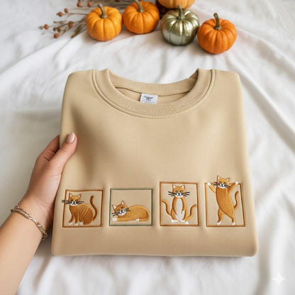 Embroidered Orange Cat Crewneck Sweatshirt, Funny Cat Lover Gift