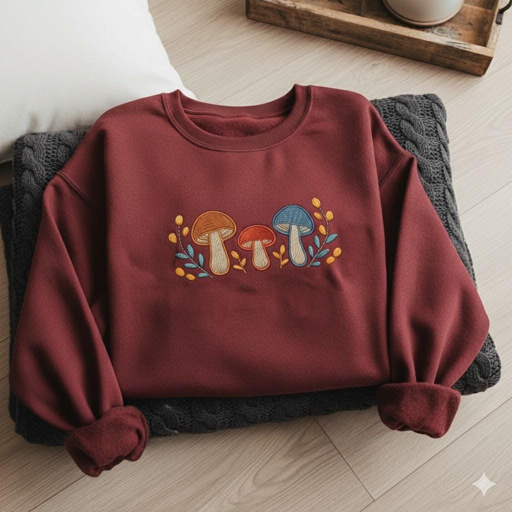 Mushroom and Wildflower Embroidered Sweatshirt, Autumn Leaves Embroidered Sweatshirt, Thanksgiving Machine Embroidered Sweatshirt