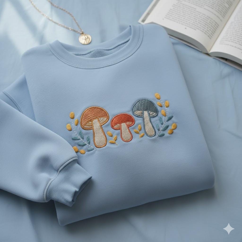 Mushroom and Wildflower Embroidered Sweatshirt, Autumn Leaves Embroidered Sweatshirt, Thanksgiving Machine Embroidered Sweatshirt