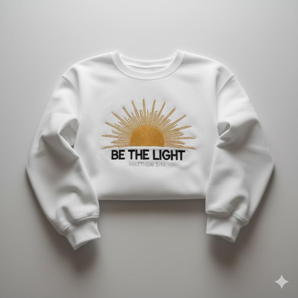 Be The Light Embroidered Shirt – Christian Bible Verse Tee, Faith Shirt for Women, Religious Jesus Lover Top, Positive Sunlight Gift