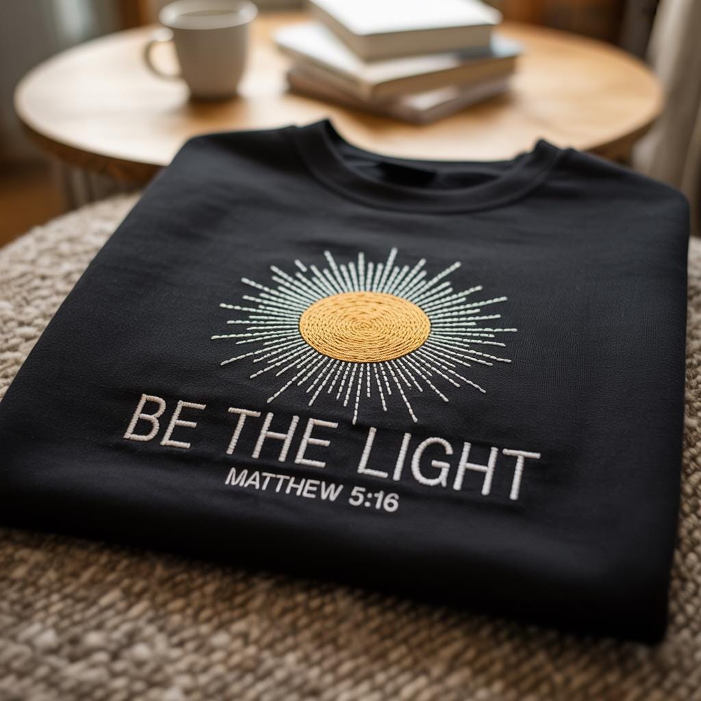 Be The Light Embroidered Shirt – Christian Bible Verse Tee, Faith Shirt for Women, Religious Jesus Lover Top, Positive Sunlight Gift