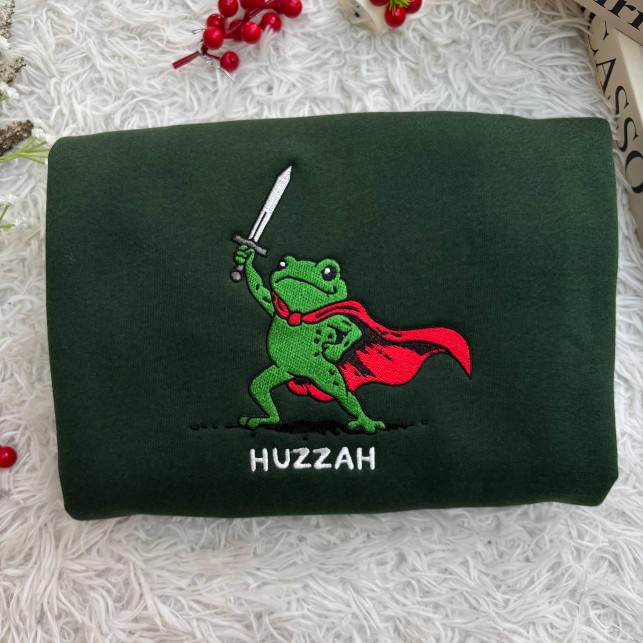 Huzzah Frog with Sword Embroidered Medieval Frog Sweatshirt, Funny Hoodie, Renaissance Faire Frog Embroidered Shirt, Huzzah Frog Meme Shirt