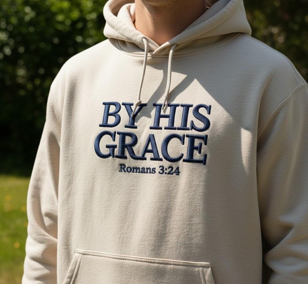By His Grace Embroidered Hoodie, Vintage Christian Sweatshirt, Faith Streetwear Gift for Men
