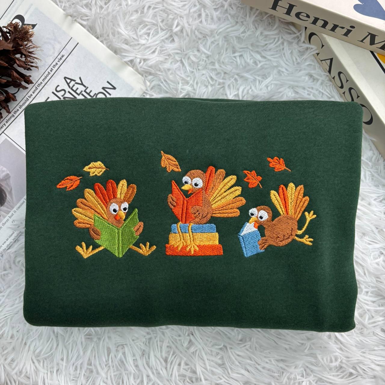 Embroidered Turkey Reading Shirt, Thanksgiving Librarian Fall Teacher Tee