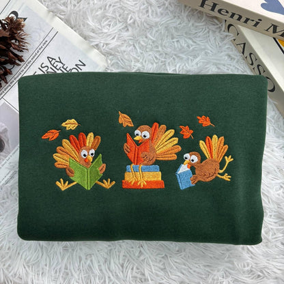 Embroidered Turkey Reading Shirt, Thanksgiving Librarian Fall Teacher Tee