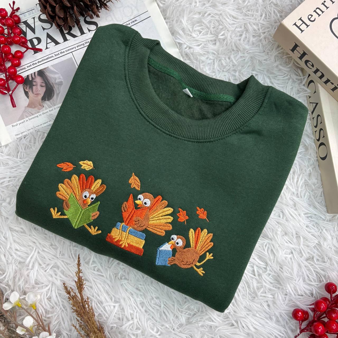 Embroidered Librarian Turkey Thanksgiving Shirt, Fall Books Tee