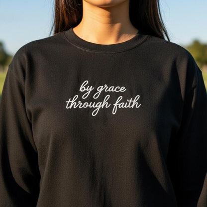 By Grace Through Faith Embroidered T-Shirt | Bible Verse Tee | Comfort Colors Christian Shirt