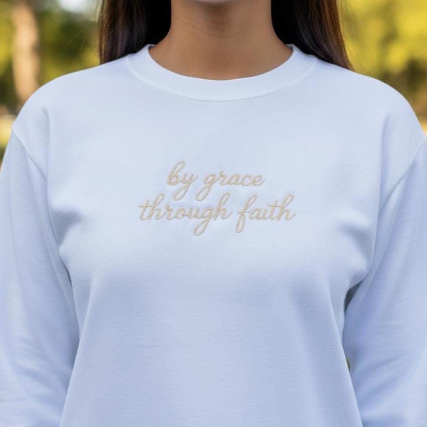 By Grace Through Faith Embroidered T-Shirt | Bible Verse Tee | Comfort Colors Christian Shirt
