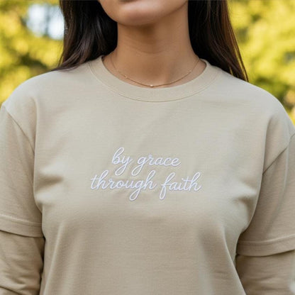 By Grace Through Faith Embroidered T-Shirt | Bible Verse Tee | Comfort Colors Christian Shirt
