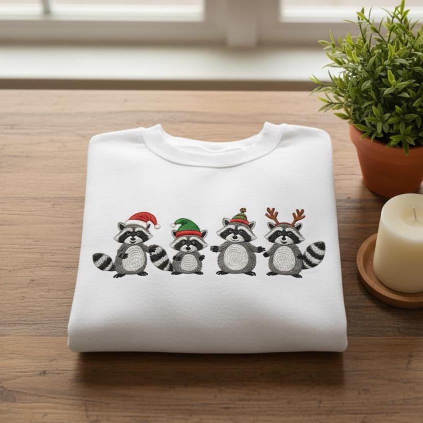 Embroidered Christmas Raccoon Sweatshirt | Cozy Holiday Sweater
