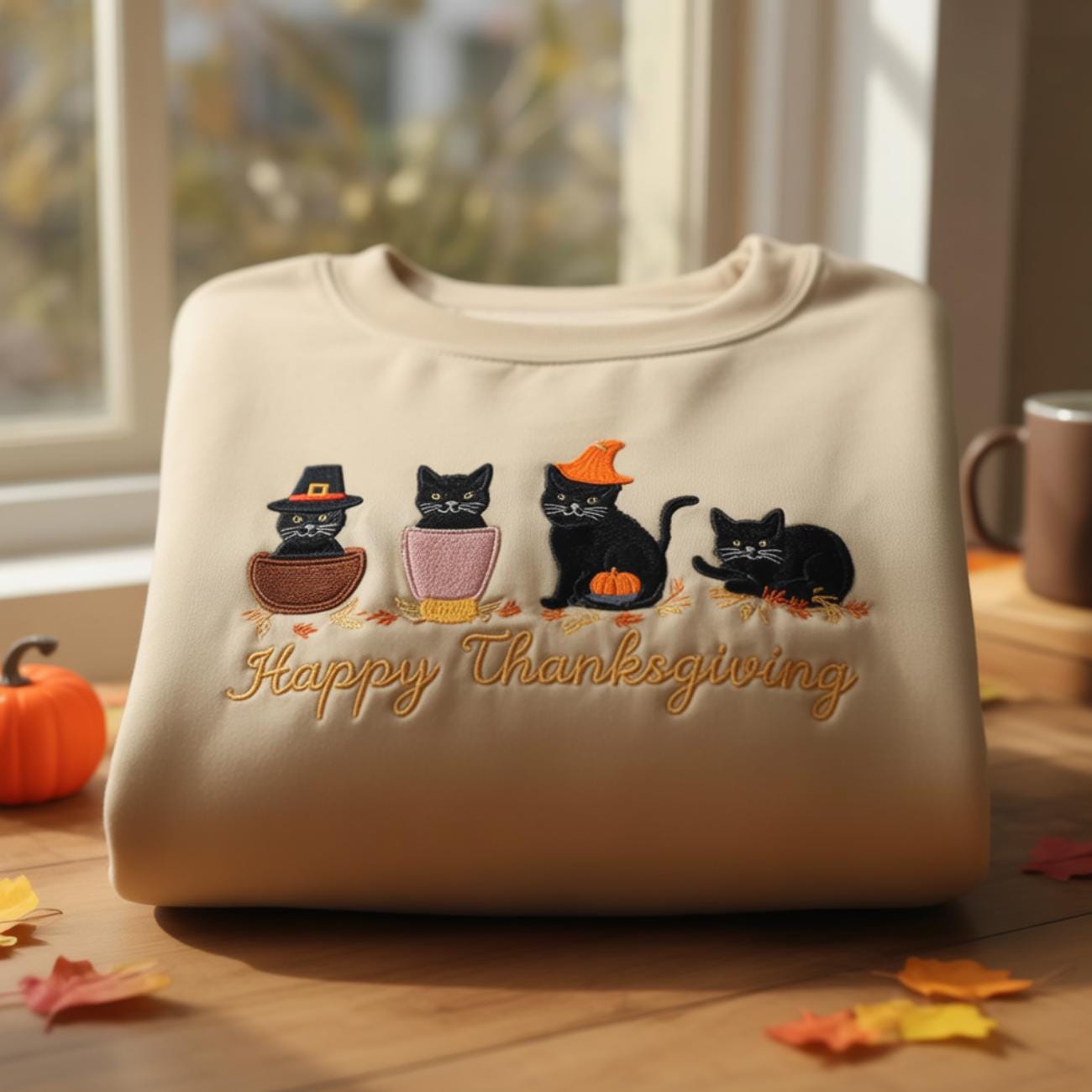 Embroidered Happy Thanksgiving Sweatshirt, Black Cat Embroidered Shirt, Pumpkin Season Shirt, Thanksgiving Fall Shirt, Thanksgiving Gift