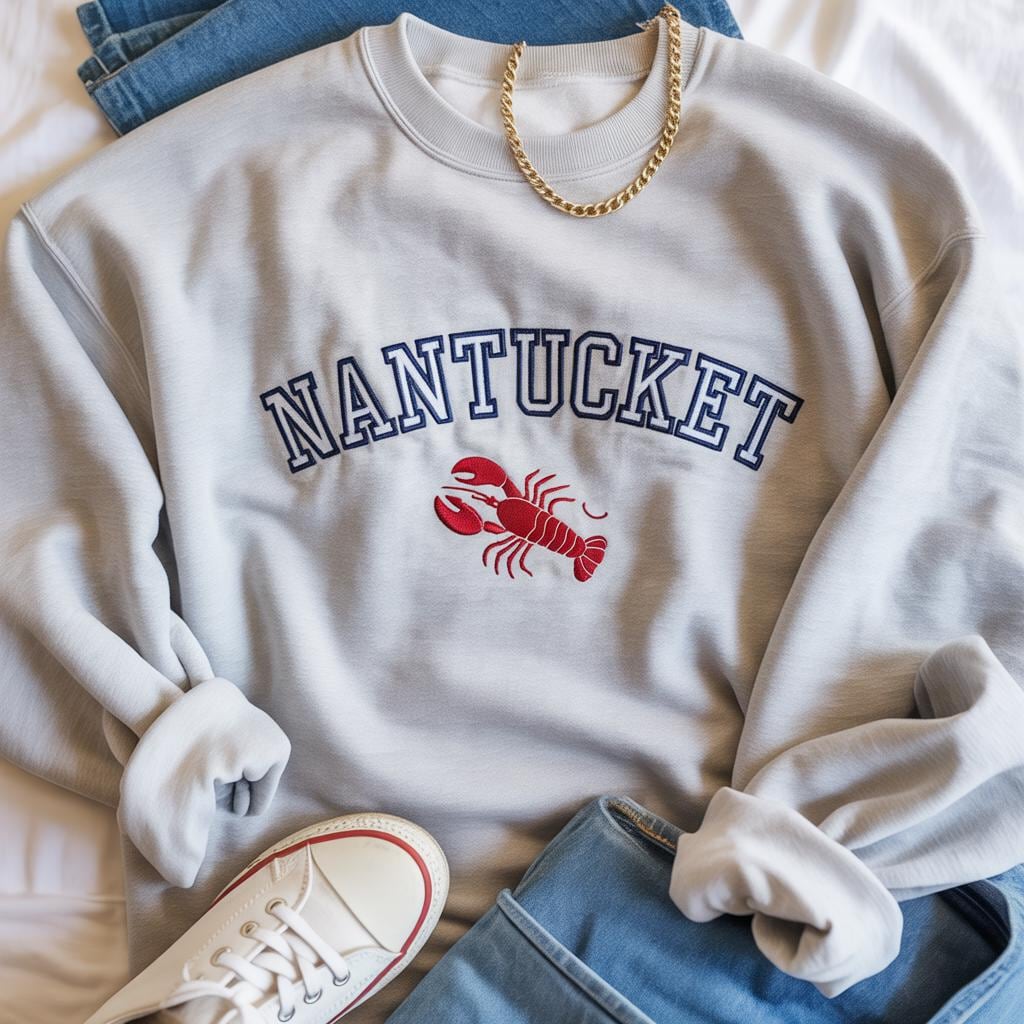 Nantucket Lobster Embroidered Sweatshirt | Coastal Cape Cod Crewneck | Preppy Beach Summer Vacation Gift Top