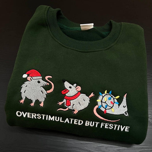 Embroidered Overstimulated But Festive Possum Christmas Shirt, Funny Possum Embroidery Tee, Christmas Possum Gift, Meme Embroidered Shirt
