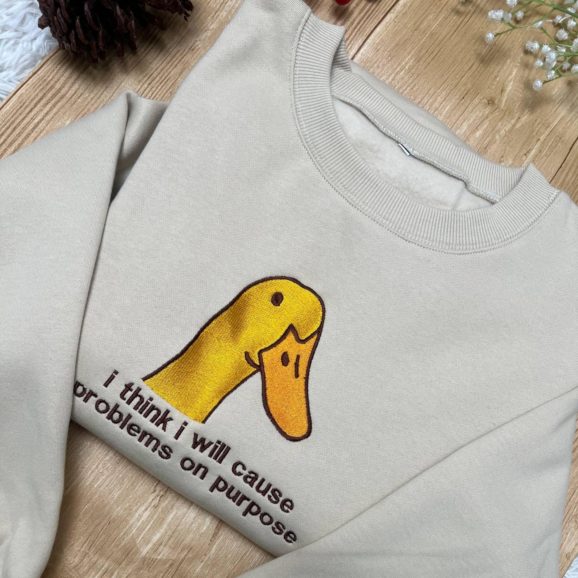 Funny Goose Embroidered Shirt, Sarcastic Duck Meme Embroidery Tee, Trending Funny Bird Embroidered Gift Top