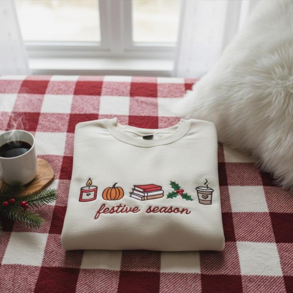 Embroidered Festive Season Sweatshirt | Autumn Bookish Crewneck