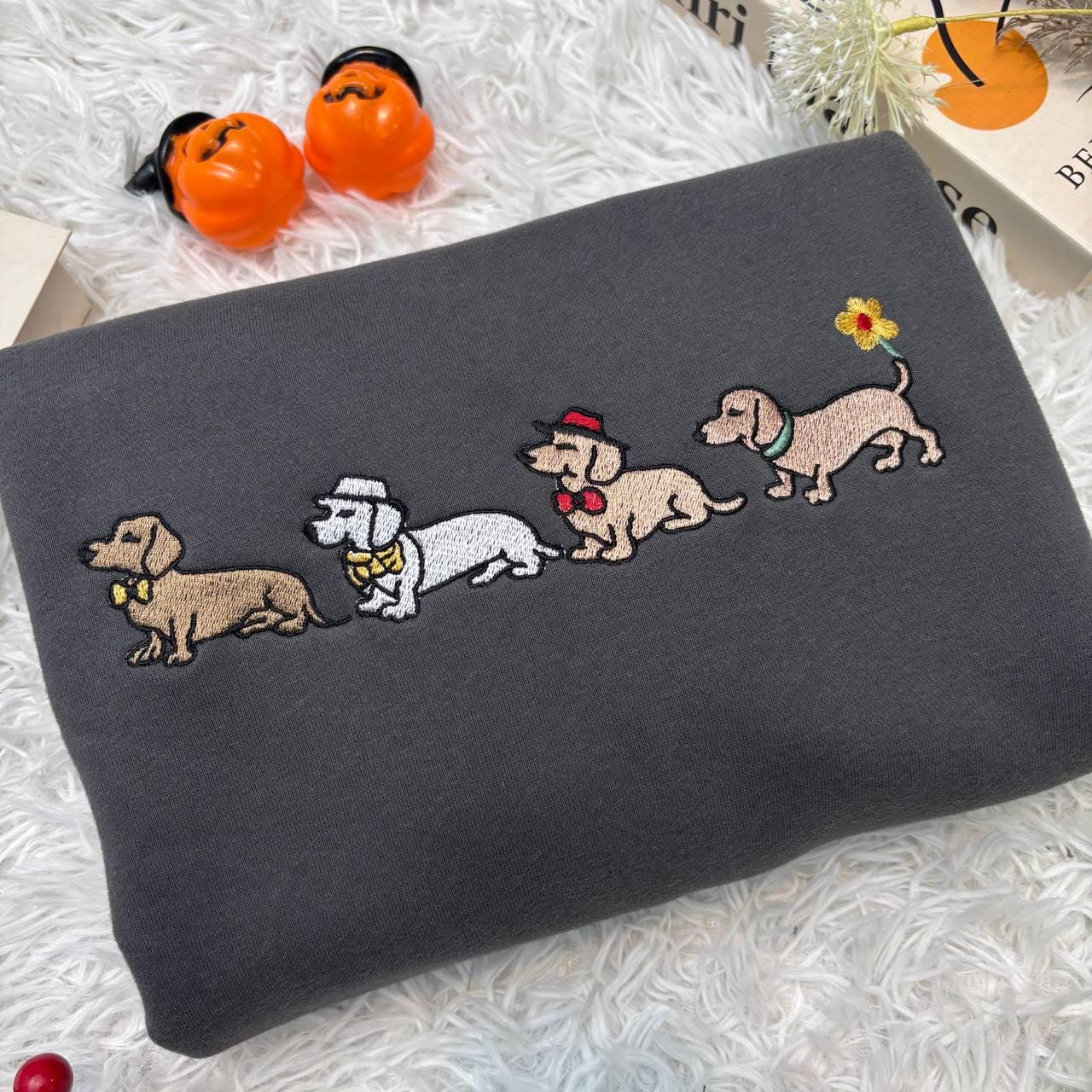 Embroidered Dachshund Shirt, Halloween Dachshund Shirt, Halloween Cute Dog Shirt, Cute Ghost Dogs Halloween Shirt, Wiener Dog Mom Fall Tee