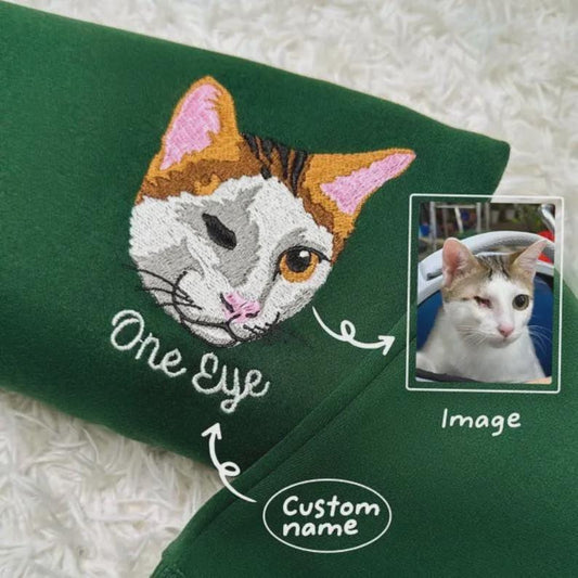 Custom Photo Cat Pet Portrait Embroidered Sweatshirt, Custom Pet Hoodie, Personalized Pet Face and Pet name Sweatshirt, Gift Pet Memorial