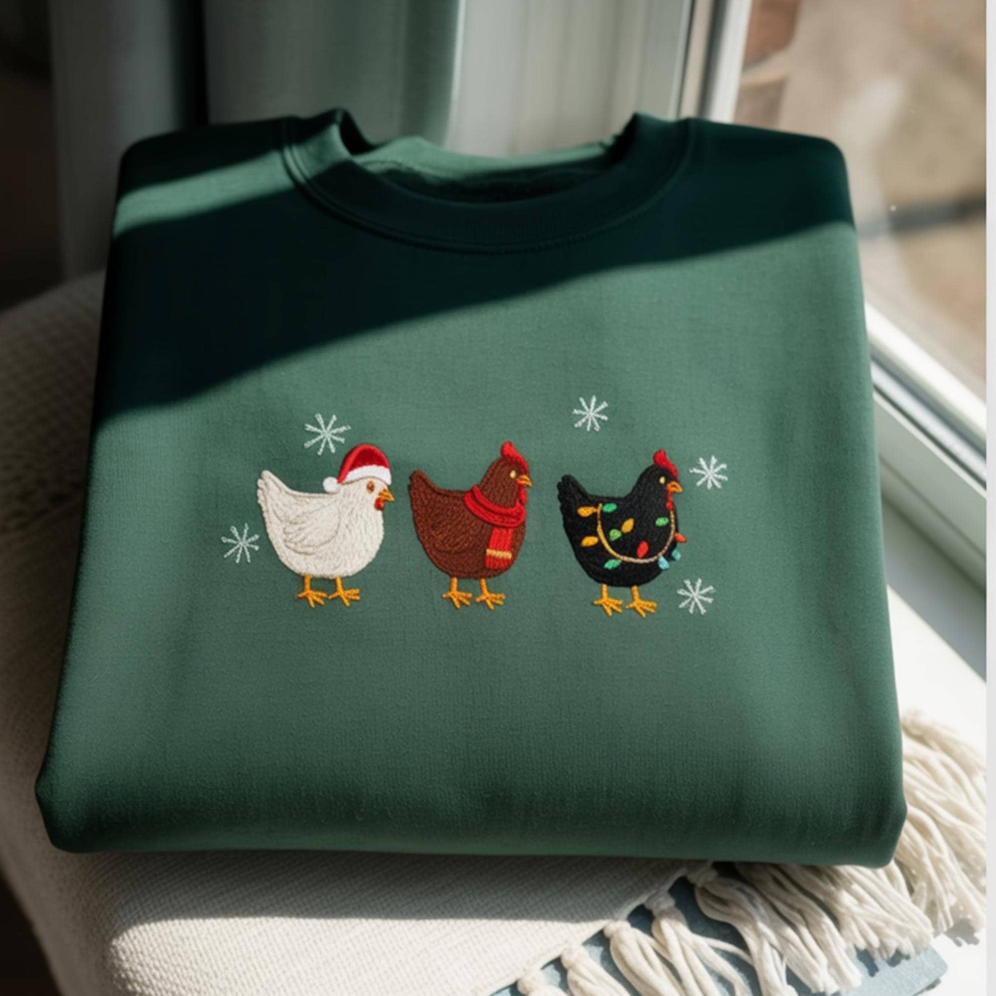 Cute Christmas Chickens Embroidered Sweatshirt, Farm Animal Holiday Crewneck, Funny Chicken Xmas Sweater, Cozy Winter Gift for Her