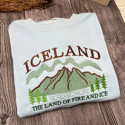 Embroidered Iceland Sweatshirt | Land of Fire and Ice Crewneck | Nordic Adventure Sweater | Cozy Winter Travel Gift