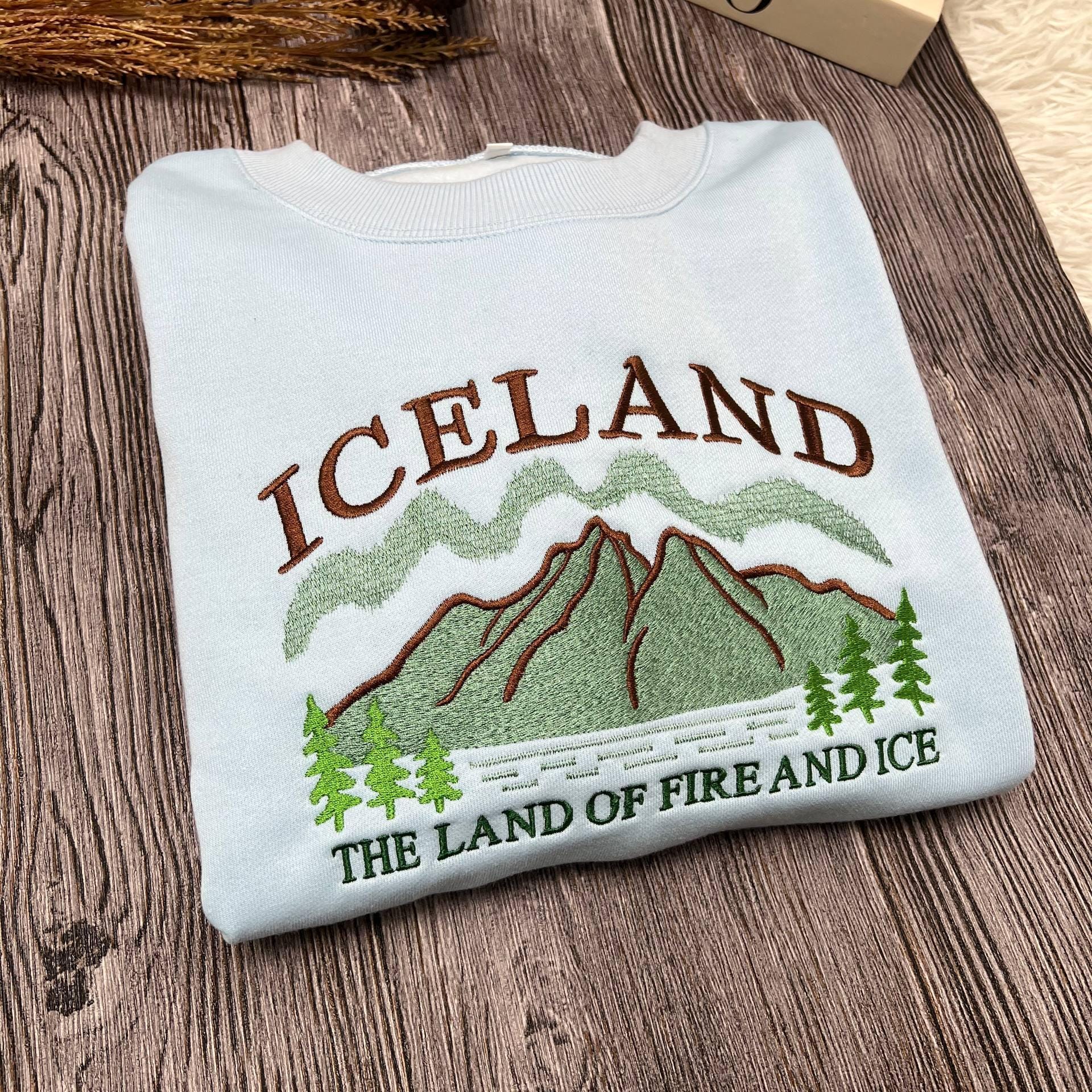 Embroidered Iceland Sweatshirt | Land of Fire and Ice Crewneck | Nordic Adventure Sweater | Cozy Winter Travel Gift