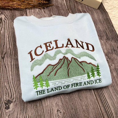 Embroidered Iceland Sweatshirt | Land of Fire and Ice Crewneck | Nordic Adventure Sweater | Cozy Winter Travel Gift