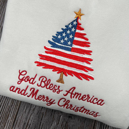 Patriotic Christmas Tree Embroidered Shirt, USA Flag Holiday Embroidery Tee, Festive New Year Embroidered Top, Christmas Embroidery Gift