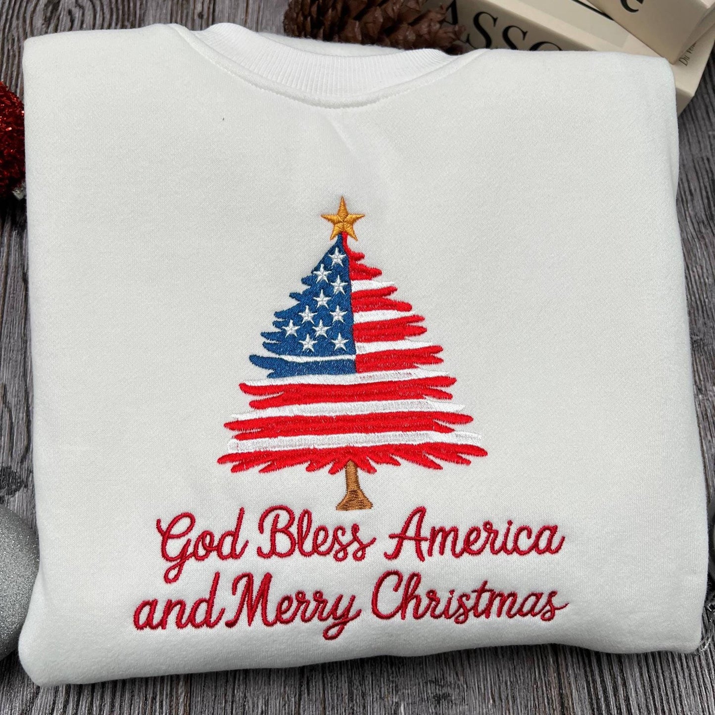 Patriotic Christmas Tree Embroidered Shirt, USA Flag Holiday Embroidery Tee, Festive New Year Embroidered Top, Christmas Embroidery Gift