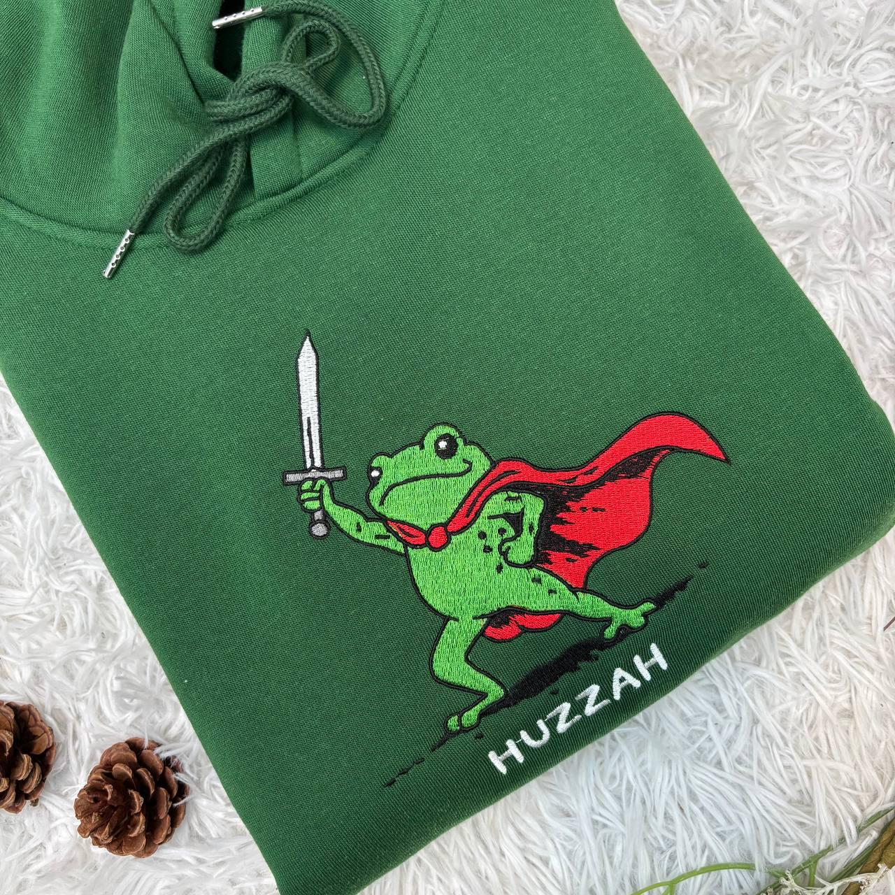 Embroidered Huzzah Frog with Sword Tee, Embroidered Medieval Frog Shirt, Funny DnD T-Shirt, Renaissance Faire Frog Gift, Frog Embroidered