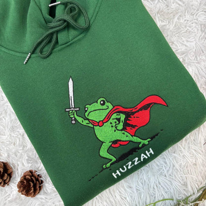 Embroidered Huzzah Frog with Sword Tee, Embroidered Medieval Frog Shirt, Funny DnD T-Shirt, Renaissance Faire Frog Gift, Frog Embroidered
