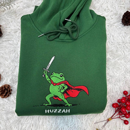 Embroidered Huzzah Frog with Sword Tee, Embroidered Medieval Frog Shirt, Funny DnD T-Shirt, Renaissance Faire Frog Gift, Frog Embroidered