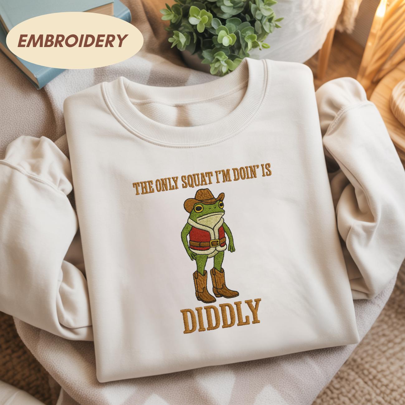 The Only Squat I'm Doin' Is Diddly Embroidered Shirt, Funny Cowboy Frog Shirt, Western Humor Gift, Lazy Gym Shirt, Diddly Squat Shirt