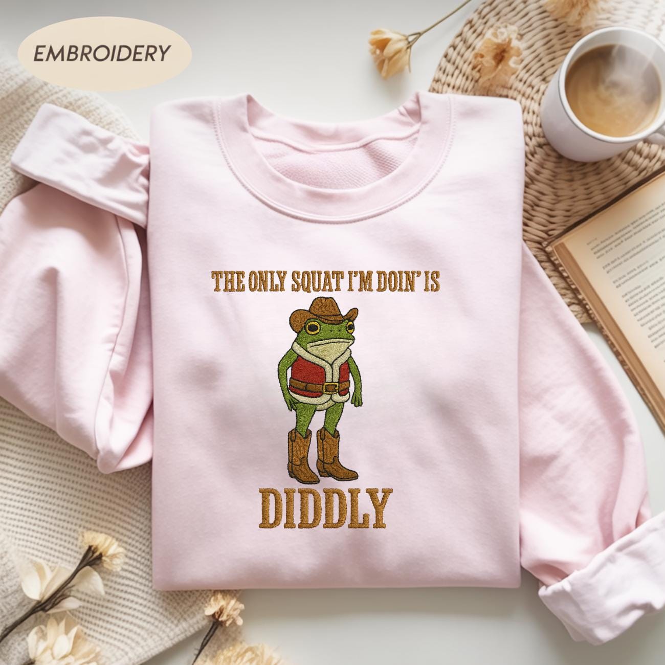 The Only Squat I'm Doin' Is Diddly Embroidered Shirt, Funny Cowboy Frog Shirt, Western Humor Gift, Lazy Gym Shirt, Diddly Squat Shirt