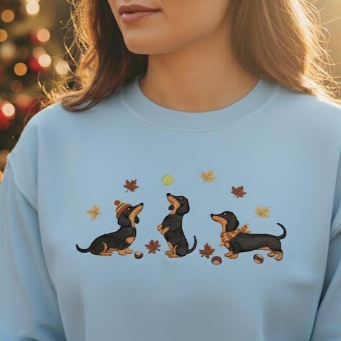 Dachshund Embroidered Sweatshirt | Fall Leaves Dog Lover Crewneck | Wiener Dog Autumn Embroidery Gift Top