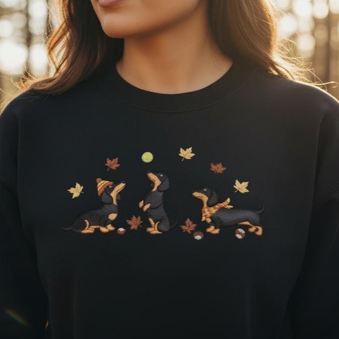 Dachshund Embroidered Sweatshirt | Fall Leaves Dog Lover Crewneck | Wiener Dog Autumn Embroidery Gift Top