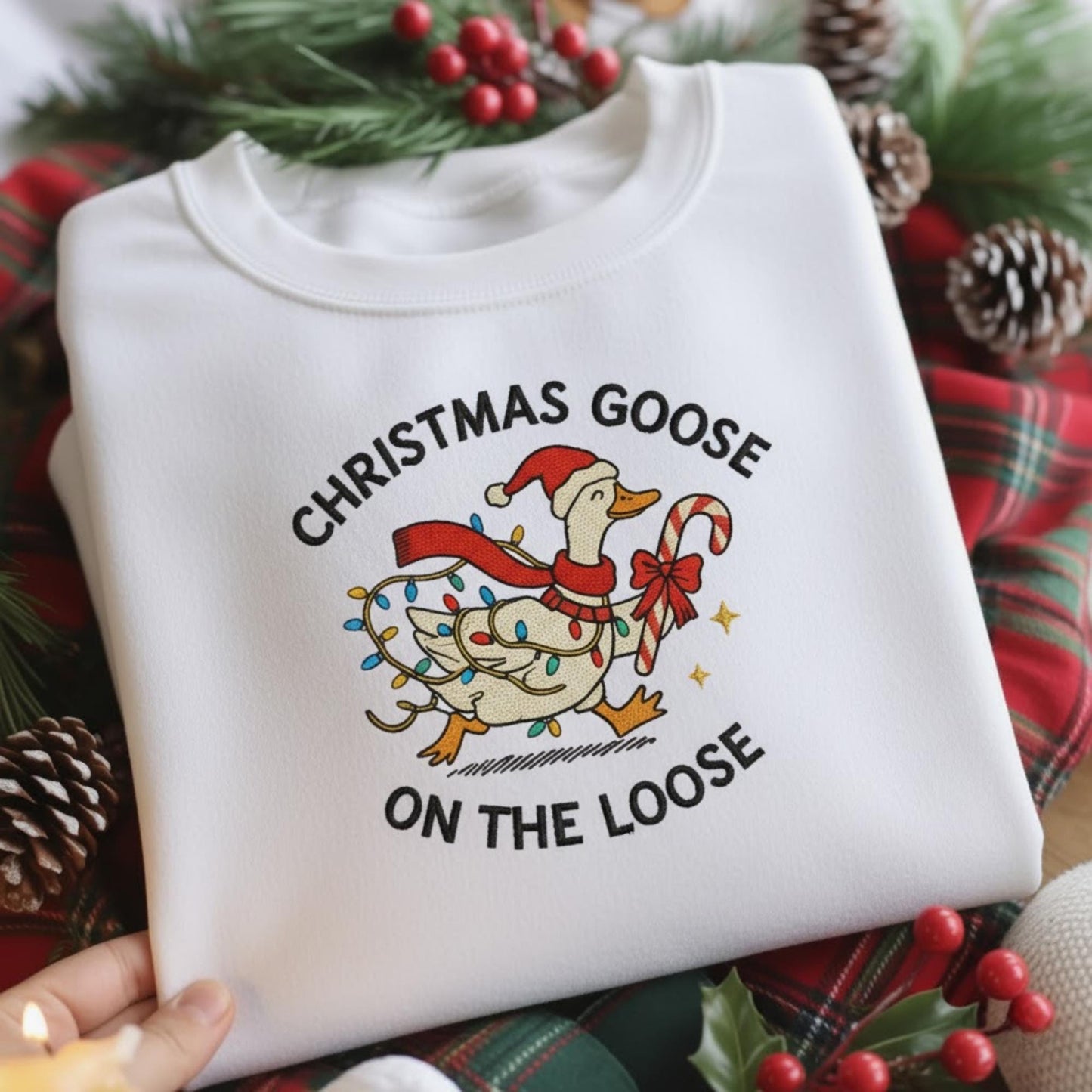 Christmas Goose On The Loose Christmas Embroidered Sweatshirt, Embroidered Holiday Bird Gift, Funny Xmas Lights Animal Hoodie, Silly Goose