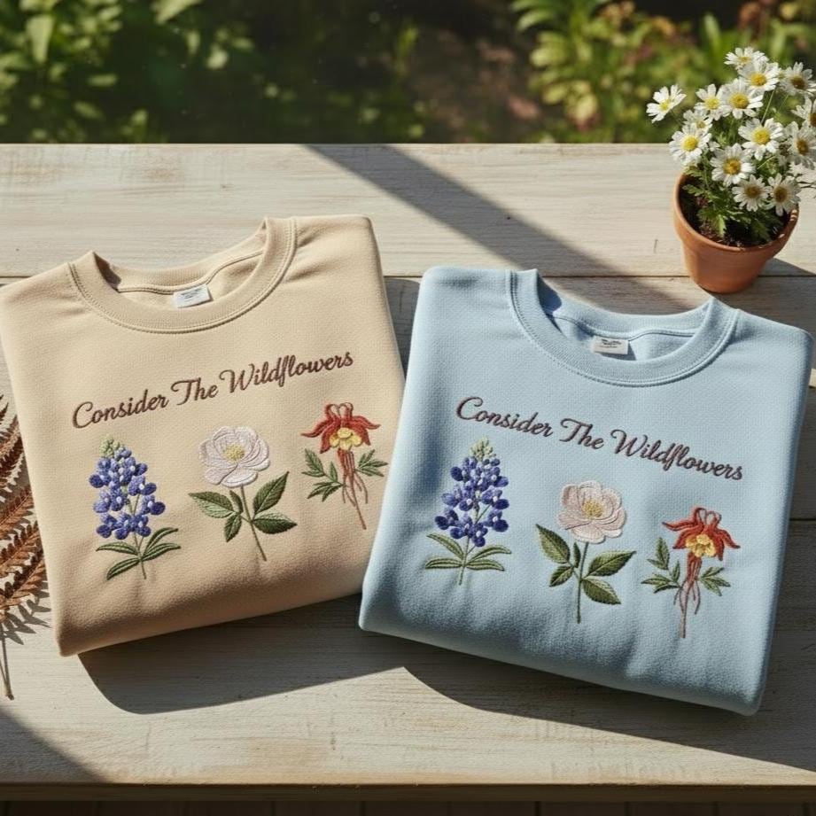 Consider the Wildflowers Embroidered Sweatshirt, Christian Crewneck, Faith Embroidery Sweater, Floral Jesus Gift for Women