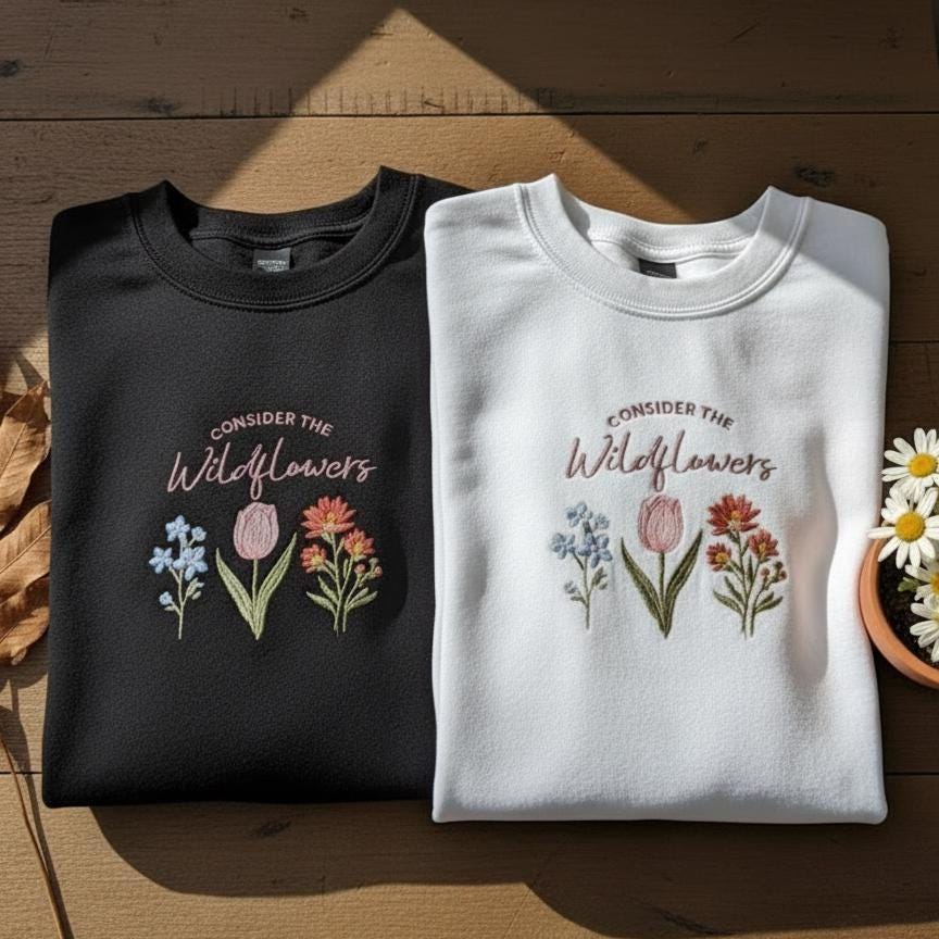 Consider the Wildflowers Embroidered Christian Sweatshirt, Jesus Crewneck Sweater, Floral Faith Pullover, Flower Lover Gift