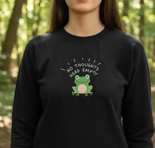 Embroidered Frog Sweatshirt | No Thoughts Head Empty Crewneck