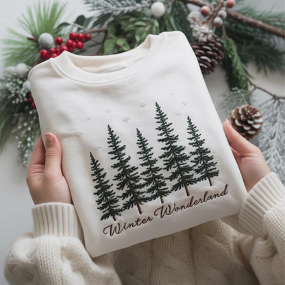 Winter Wonderland Embroidered Sweatshirt, Embroidered Pine Tree Crewneck, Forest Christmas Sweater,Evergreen Holiday Shirt,Snowy Winter Gift