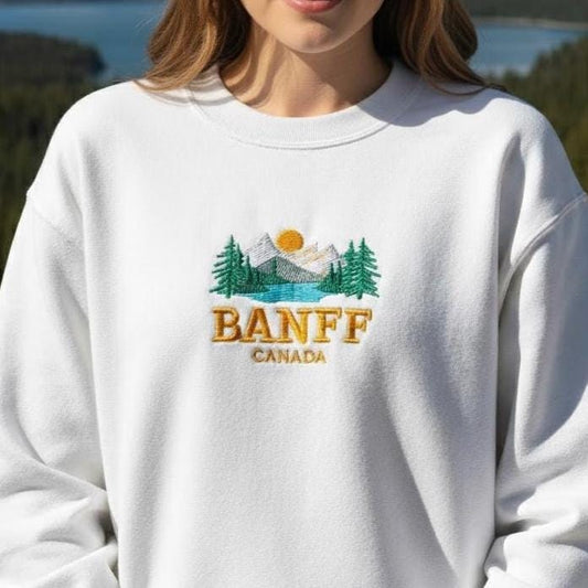 Banff National Park Embroidered Sweatshirt, Canada Mountain Crewneck, Hiking Pullover, Outdoor Travel Gift