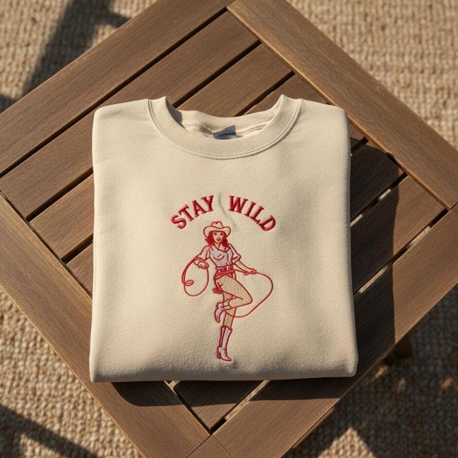 Stay Wild Cowgirl Embroidered Sweatshirt, Western Embroidery Crewneck, Oversized Country Rodeo Shirt Gift