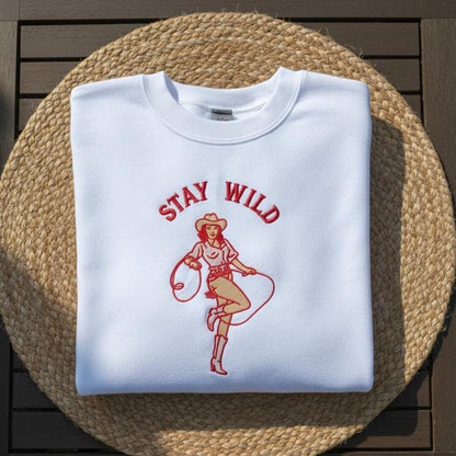 Stay Wild Cowgirl Embroidered Sweatshirt, Western Embroidery Crewneck, Oversized Country Rodeo Shirt Gift