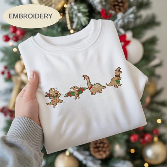 Embroidered Gingerbread Dinosaur Sweatshirt, Christmas Dino Crewneck, Cute Holiday Shirt, Xmas Gift for Her, Dinosaur Lover Gift