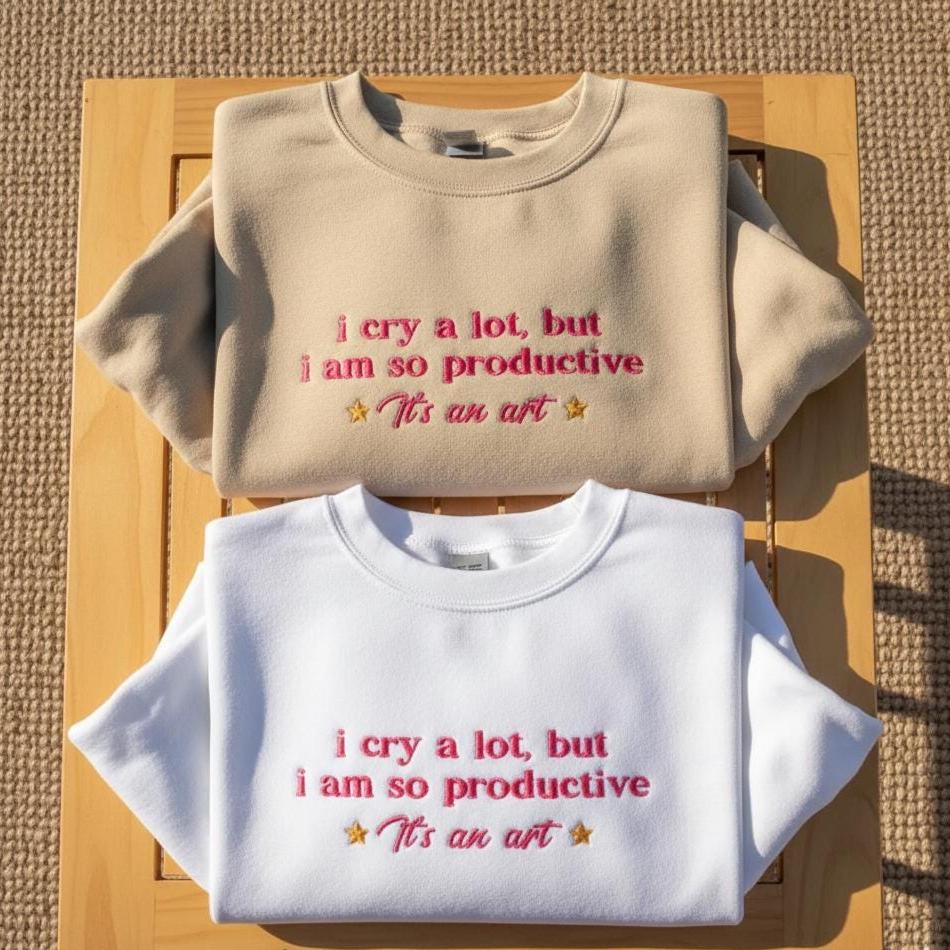 Embroidered Sweatshirt: Funny Sarcastic "I Cry a Lot But I’m So Productive" Crewneck