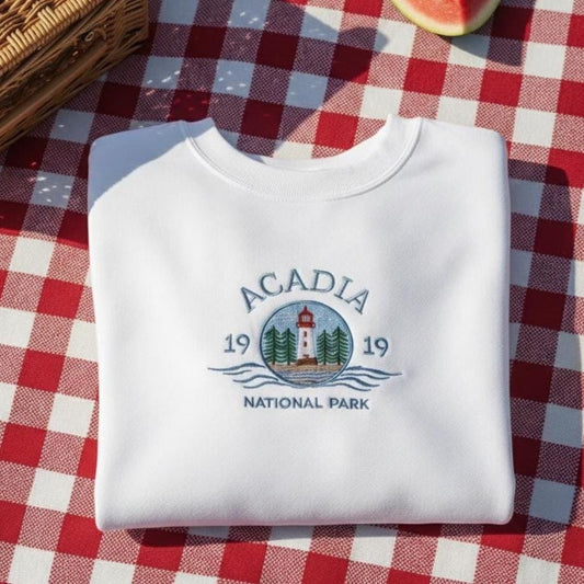 Acadia National Park Embroidered Sweatshirt, Vintage Maine Lighthouse Crewneck, Coastal Souvenir Gift