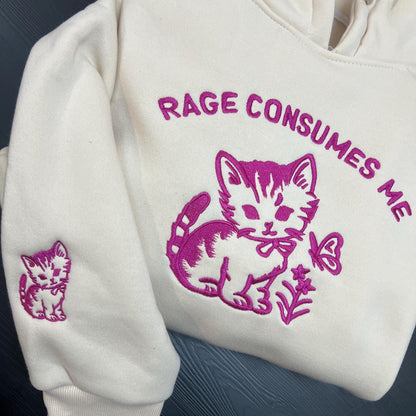 Vintage Kitten Embroidered Shirt, Rage Consumes Me Funny Embroidery Tee, Cute Meme Cat Embroidered Gift Top