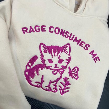 Vintage Kitten Embroidered Shirt, Rage Consumes Me Funny Embroidery Tee, Cute Meme Cat Embroidered Gift Top