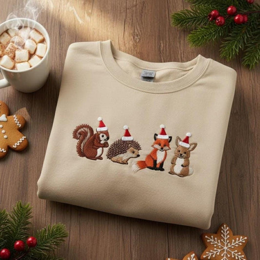 Embroidered Christmas Forest Animals Sweatshirt | Squirrel Fox Bunny Hedgehog in Santa Hats | Cute Holiday Embroidery Sweater