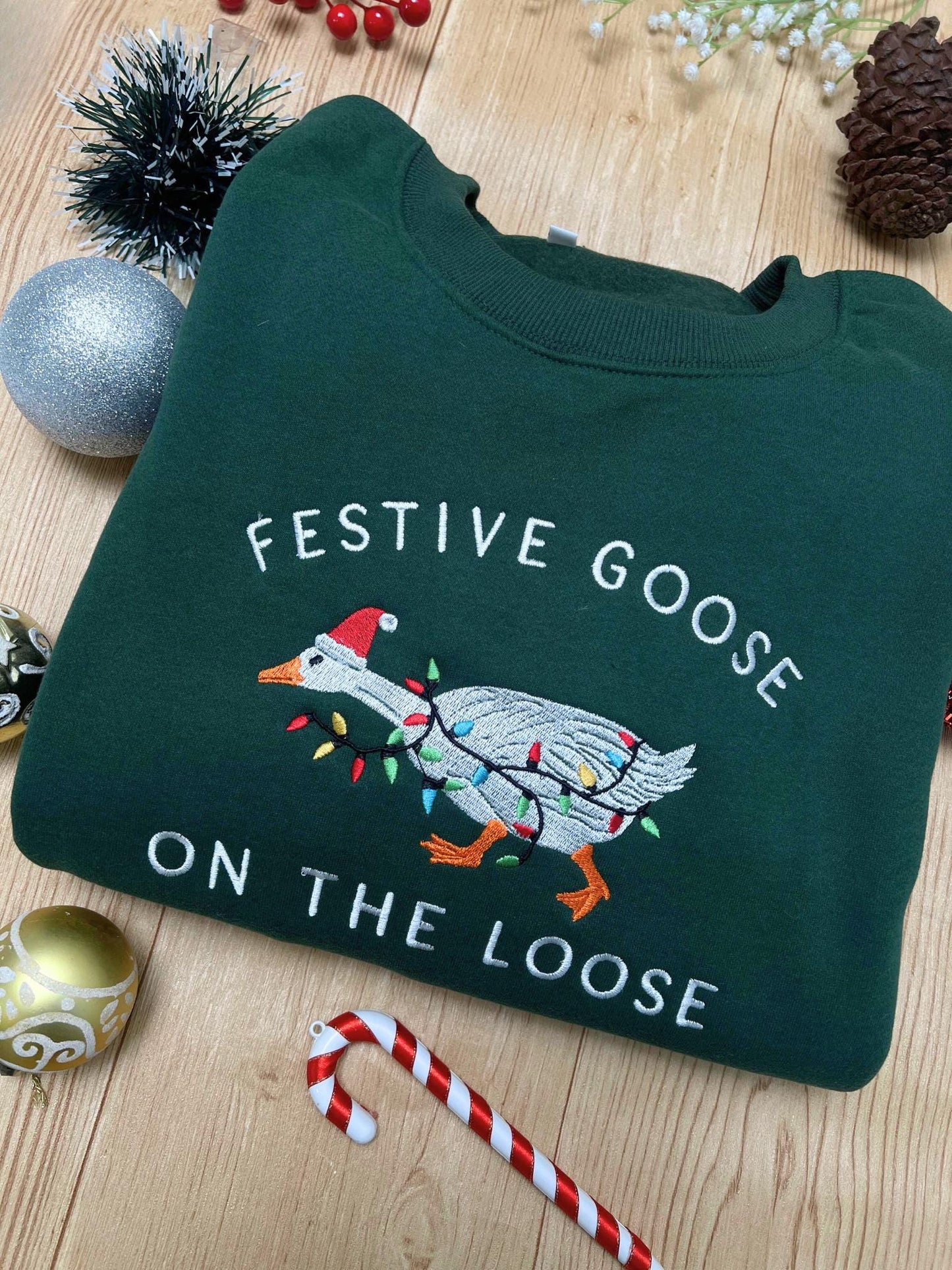 Festive Goose On The Loose Sweatshirt, Funny Christmas Goose Shirt, Embroidered Holiday Crewneck, Ugly Sweater Party Top